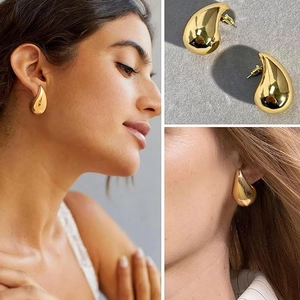 Polished 18k gold plated stainless steel teardrop earrings for women in three-view display