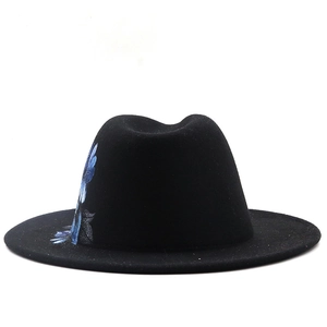 Classic black felt fedora hat featuring hand-painted blue floral patterns and flat brim