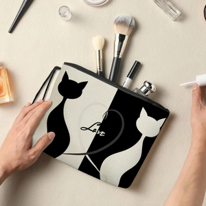 Trousse à maquillage en toile avec design de chat noir et blanc et fermeture éclair