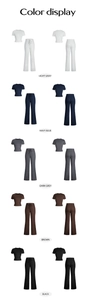 Vertical multi-color display of short sleeve T-shirt and drawstring wide leg pants set