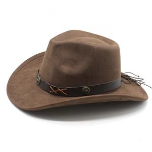 Brown faux suede western cowboy hat with leather band and vintage metal buckle detail