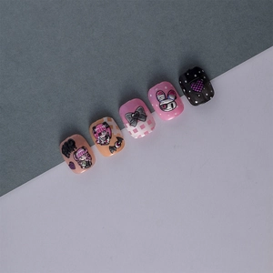 Detail of 5D embossed nail stickers featuring anime girls and bunny motifs in pink and black