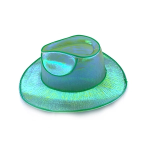 Detailed view of the holographic laser finish and green neon trim on this cowboy hat