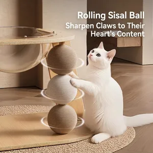 Modern solid wood cat tree with a clear space capsule bed and three rolling sisal balls
