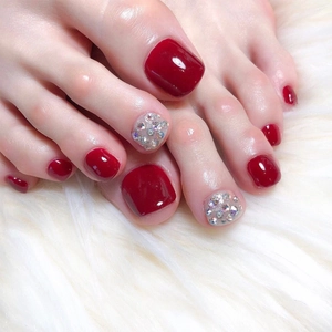 Unghie Finte a Pressione Rosso Vino con Strass per Donna Corte Quadrate Lucide Piedi Accessori per Pedicure Estiva