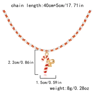 Detail of Christmas beaded necklace with candy cane pendant and measurements