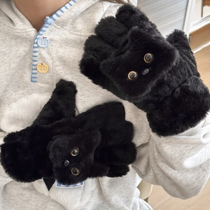 Cute black plush cat gloves with small ears and windproof flip top for winter warmth