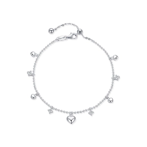 Minimalist S925 sterling silver beaded bracelet with heart pendant and cubic zirconia charms