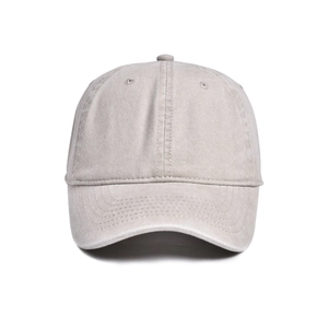 Detail shot of the six-panel crown and stitched eyelets on a light gray cotton baseball cap