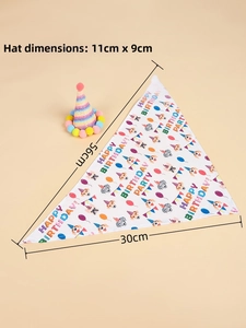 Close-up of rainbow sequin party hat and Happy Birthday printed dog bandana