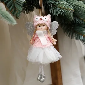 Pink and white plush angel doll Christmas tree hanging ornament with silver wings