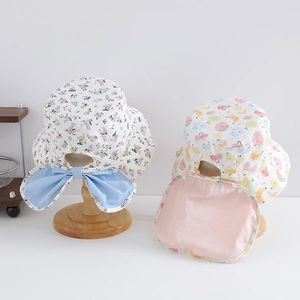 Cappello Alla Pescatora Bambine Nylon Alta Protezione Solare Con Protezione Nuca Stampa Floreale Frutta Esterno Tesa Larga Antivento