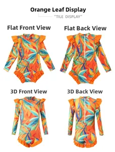 Quatre vues du maillot de bain manches longues enfant avec imprimé tropical orange et volants