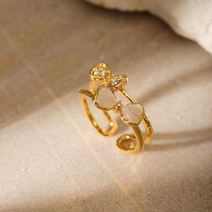 French style double-layer gold stainless steel open ring with opal and crystal bows
