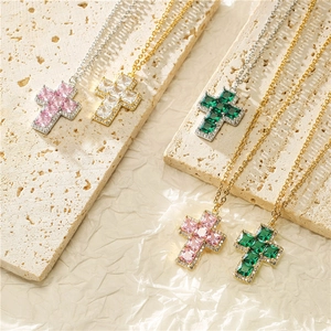 Hip Hop Copper Cross Pendant Necklace For Women Iced Out Square Rhinestone O-Chain Jewelry Gold Silver Plated Religious Gift