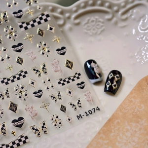 Houndstooth butterfly nail stickers with gold foil details and heart patterns M-1074