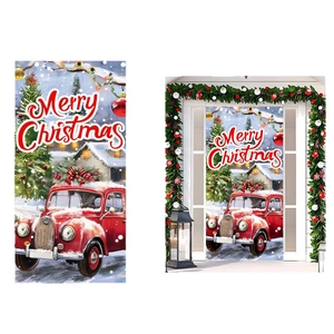 Couverture de porte Joyeux Noël avec voiture rouge rétro pour décoration extérieure