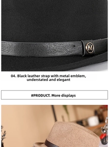 Close-up of wool fedora hat featuring leather strap and metallic M logo detail