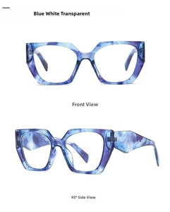 Macro view of blue marble texture on geometric butterfly frame with specs detail
