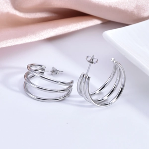 Three-layered C-shape hollow tube hoop earrings in polished silver finish for women
