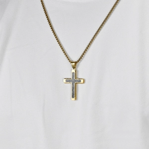 Minimalist gold stainless steel cross pendant necklace with grey carbon fiber inlay