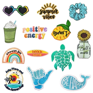 Summer Vibes Embroidery Patches Iron On Cartoon Tropical DIY Appliques Clothing Bag Hat Decor Fabric Sew On Accessory