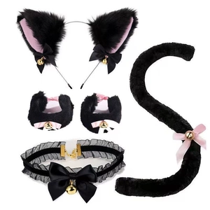 Detailed view of 4-piece black cat cosplay set with bell ears, collar, and plush tail