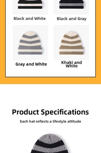 Détails des bonnets en tricot à rayures en noir, gris et kaki pour l'hiver