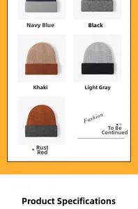 Detailed grid showing multi-color chunky knit beanies in navy, black, khaki, grey and red