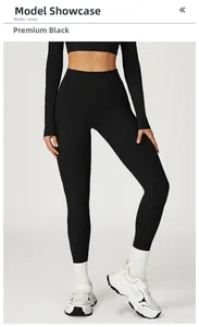Detail of high-waisted yoga pants and long sleeve top in premium black with stitching