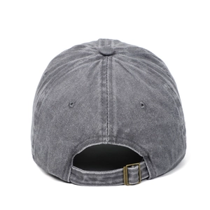 Detail of vintage grey washed cotton baseball cap with adjustable metal buckle back closure