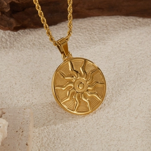 Golden sun totem pendant necklace with twisted rope chain in vintage punk style
