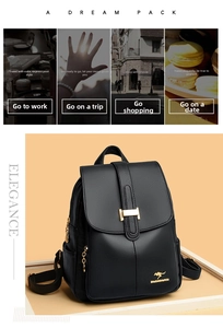 Detail of black lychee grain leather backpack with golden kangaroo logo and metal buckle
