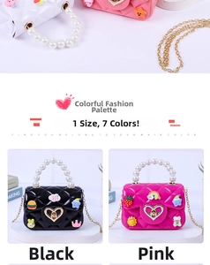 Detail of mini jelly tote bag with pearl handle and colorful patches for girls