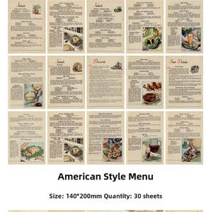 Detailed grid view of 15 vintage American recipe scrapbooking papers in 140x200mm size