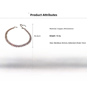 Detail showing copper rhinestone choker length specs and shimmering diamond-like texture