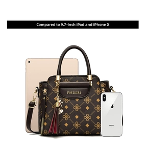 Brown monogram handbag size comparison showing fit for a 9.7 inch iPad and iPhone