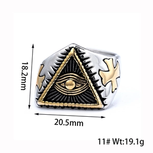 Macro view of men's stainless steel eye ring with size specs 18.2mm and 20.5mm