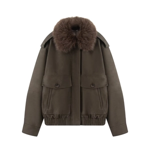 Faux suede jacket for women with faux fur collar and large utility pockets in olive brown