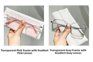 Detail view of square eyeglass frames in transparent pink and grey with gradient lenses
