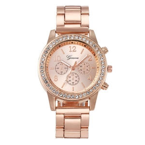 Rose gold Geneva quartz watch with diamond bezel and metallic strap on white background