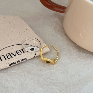 Minimalist 925 sterling silver evil eye open ring with black center stone in gold and silver