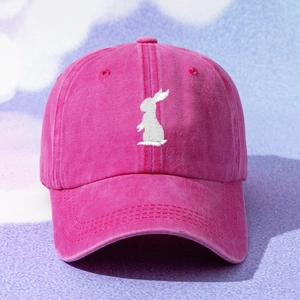 Fuchsia washed cotton baseball cap with white rabbit embroidery for outdoor sun protection