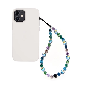 Colorful heart crystal beaded phone strap on white case with blue and green beads