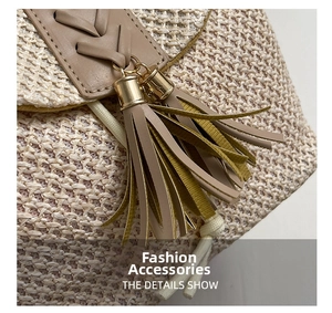 Detail of hand-woven straw texture with leather tassels and gold metal fasteners