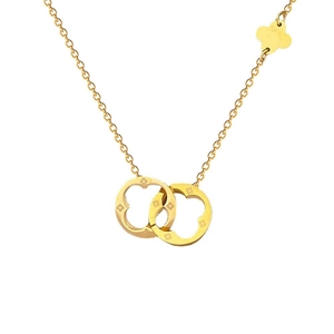 Minimalist gold titanium steel necklace featuring interlocking rings and clover pendant