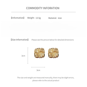 Detail view of gold square woven earrings showing 3cm size and iron material info