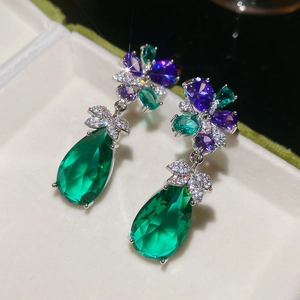 Luxury silver flower earrings with emerald green zircon teardrop pendants for women