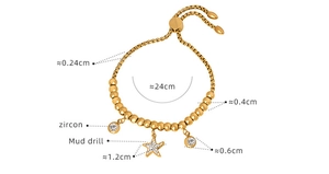 Detailed size parameters of gold adjustable bracelet with starfish and zircon charms