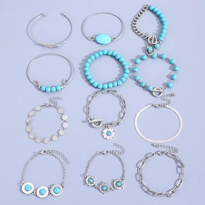 Detailed grid view of 12-piece silver bohemian bracelet set with turquoise stone charms